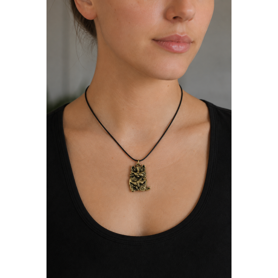 Cat with a Fish Bronze Pendant