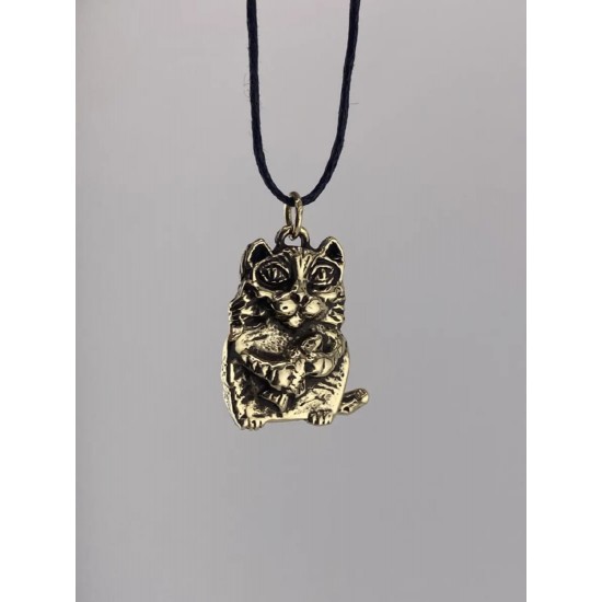 Cat with a Fish Bronze Pendant